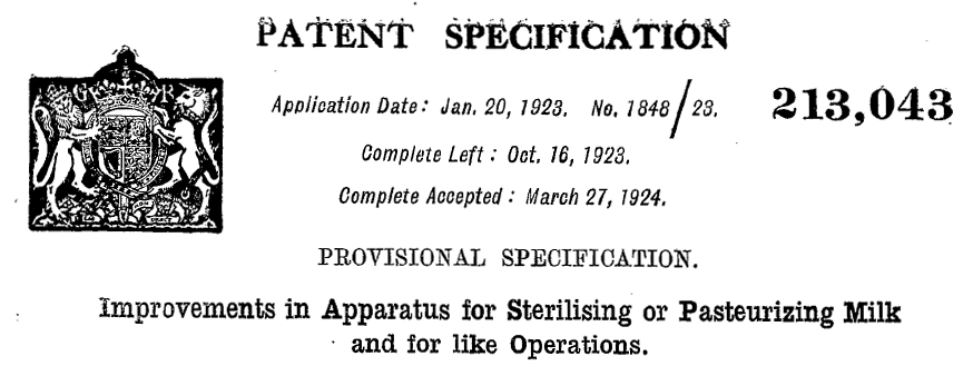 1923 - GB213043A Improvements in apparatus for sterilising or pasteurizing milk and for like operations